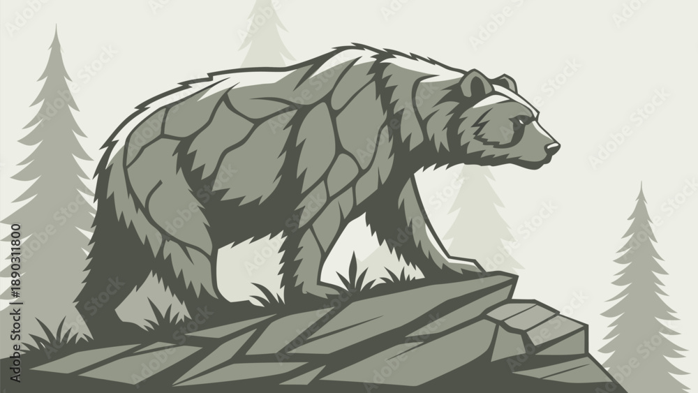 Obraz premium Grizzly bear guardian spirit standing on rocky outcrop amidst pine trees in wilderness landscape
