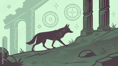 A jackal walks through ancient ruins with symbolic markings in a mystical atmosphere