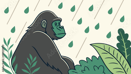 A serene gorilla sits calmly in the rain surrounded by lush greenery and raindrops