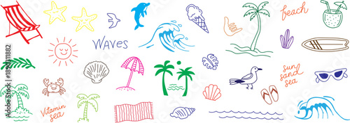 Hand Drawn Beach Theme Vector Set with Summer Doodles and Tropical Elements