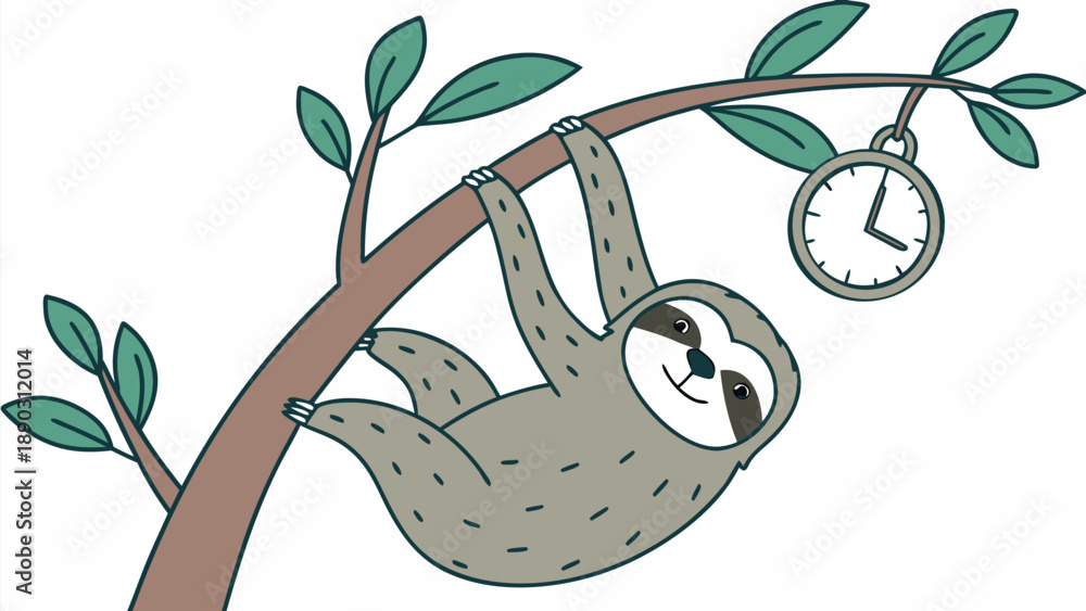 Obraz premium Sloth hanging from clock shaped tree branch with leaves smiling and relaxed in nature