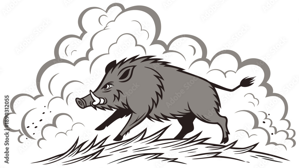 Fototapeta premium Wild boar charging forward with dust clouds aggressive animal in motion powerful mammal running