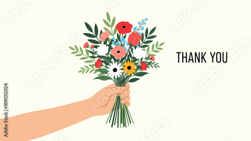 Hand holding a vibrant bouquet of spring flowers with thank you text on a warm cream background for gratitude and appreciation.