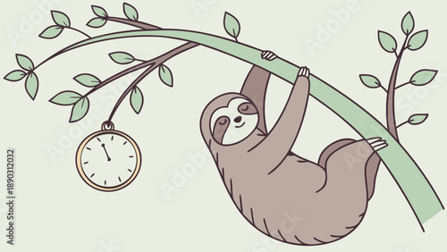 Sloth hanging from clock shaped tree branch relaxed and smiling conveying slow pace of life and calmness in nature