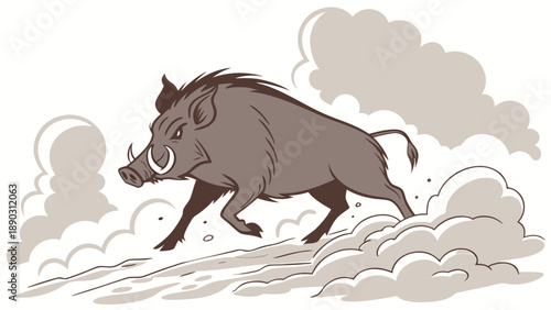 Wild boar charging forward aggressively with dust clouds and a fierce expression