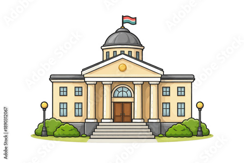 Cartoon Government Building Icon: Classic Architecture with Columns and Flag.