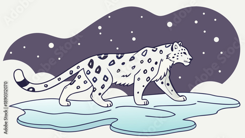 Snow leopard walking on floating ice under starry night sky with purple clouds