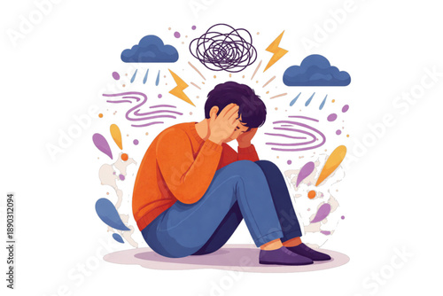 Man in Distress with Stormy Thoughts: Depression, Overwhelm, and Mental Struggle.