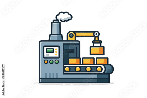 Automated factory production line with robotic arm and conveyor belt, cartoon illustration