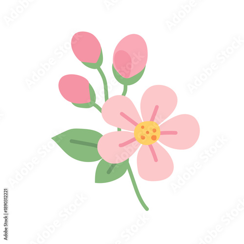 Vector set of spring Easter flowers and insects in flat style isolated on white background.