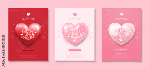 Three posters or banners for Women's Day, March 8, depicting a three-dimensional heart, butterflies on a pink background. A set of flyers for advertising and shopping within the framework of the