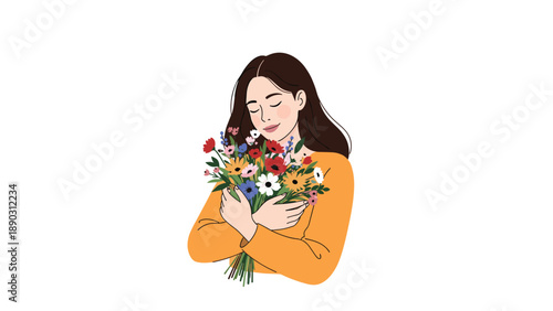 Beautiful young woman with long dark hair eyes closed happily hugging a large colorful bouquet of flowers against a white background.