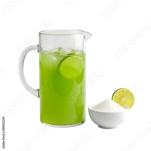 Pitcher of Green Juice with Ice and Lime and Bowl of Sugar isolated on Transparent Background