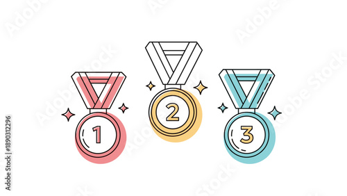 Set of gold silver and bronze medals with ribbons and sparkling stars representing first second and third place achievement and success.