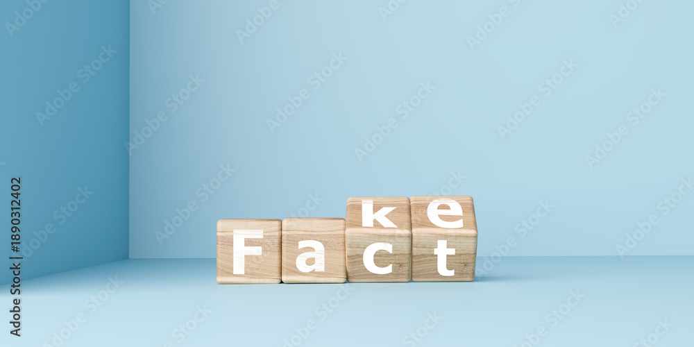 Fototapeta premium Hand turning wooden cubes from the word Fake to Fact on blue background. Concept for news verification, truth seeking, misinformation, and media literacy in digital age for business and education.