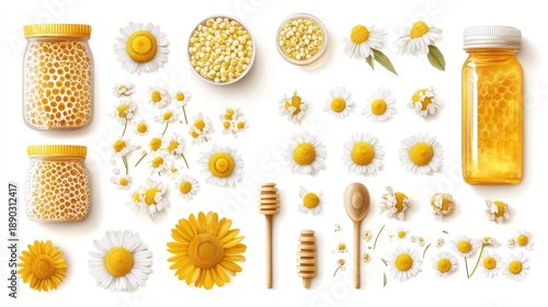 Collection of Chamomile Flowers, Honey Jars, and Honey Dippers on a White Background.