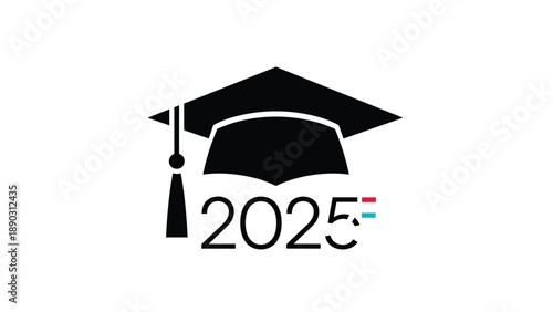 Graduation cap icon for the class of 2025 features bold black year digits with vibrant pink and teal accent lines on white background.