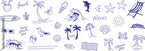 Hand Drawn Beach Theme Vector Set with Summer Doodles and Tropical Elements