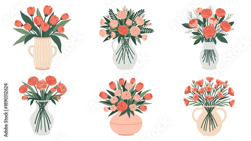 Assortment of six colorful floral arrangements in various ceramic and glass vases features pink roses and red tulips with green leaves.