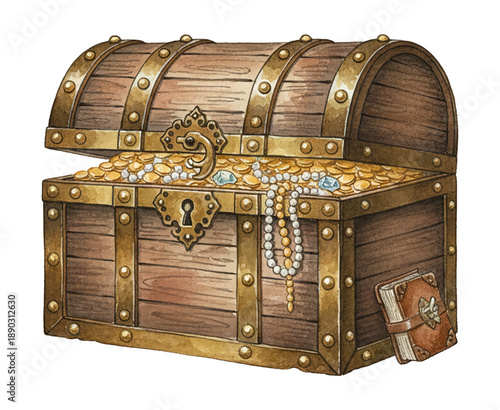 Wooden treasure chest overflowing with gold coins pearls and gems with an old book beside it