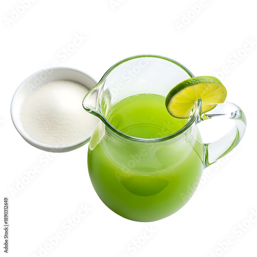Pitcher of Green Juice with Lime and Bowl of Sugar isolated on Transparent Background