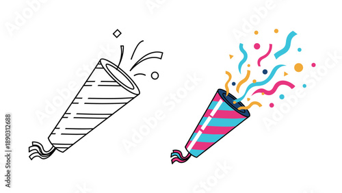 Pair of festive party poppers including a simple black outline and a colorful striped version exploding with confetti for a celebration.