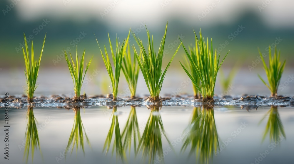 Obraz premium Fresh Green Rice Seedlings Growing in Water-Logged Field Reflecting in Calm Surface with Soft Background Blur