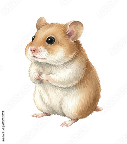 Cute brown and white hamster standing on hind legs with paws together looking curious and innocent