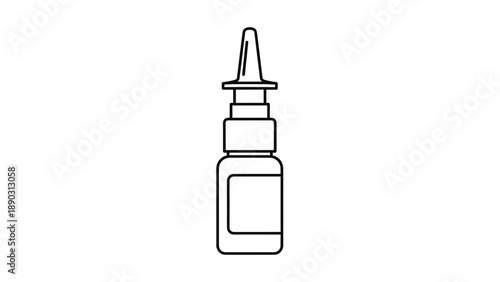 Simple black and white line drawing illustrates a nasal spray bottle used for medical treatment of allergies or nasal congestion.