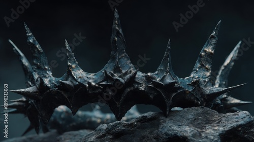 Dark and Foreboding Crown Featuring Sharp Spikes and Gothic Design on Rocky Surface in Mysterious Atmosphere