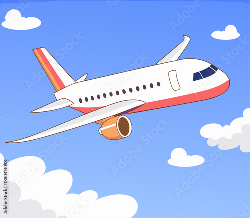 Commercial Airplane Flying Through Blue Sky 3D Illustration