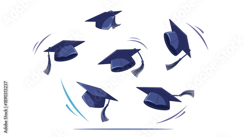 Several blue graduation caps with tassels are shown tossed into the air in a celebratory gesture against a plain white background.