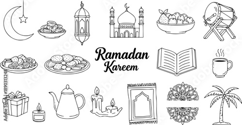 Ramadan Islamic Line Art Icon Set with Lantern, Crescent Moon, and Spiritual Symbols