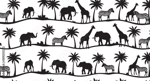 Black silhouettes of giraffes elephants zebras and palm trees on white background safari pattern
