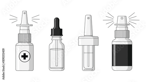 Set of four diverse medical and cosmetic bottles includes nasal sprays and a glass dropper bottle in a simple black and white style.