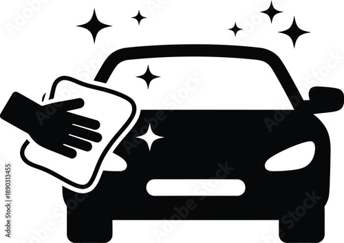 Sparkling car wash vehicle cleaning services with a hand using a cloth or sponge to wipe down the side of a car. Auto detailing and cleaning services. Car cleanliness and a shiny, polished finish. 
