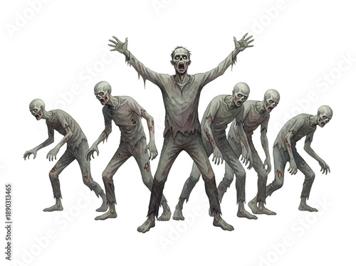 Scary zombie group attacking with open mouths and raised arms in tattered clothes eerie monster illustration