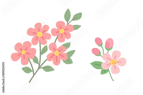 Vector set of spring Easter flowers and insects in flat style isolated on white background.