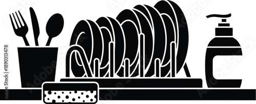 Dish drying rack frame to hold plates, cups, and utensils vertically or in compartments so they can air dry after being washed with a sponge and a bottle of soap. 