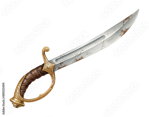 Rusty curved saber with ornate gold hilt and brown leather grip detailed illustration