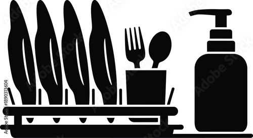 Dish drying rack frame to hold plates, cups, and utensils vertically or in compartments so they can air dry after being washed with a sponge and a bottle of soap. 