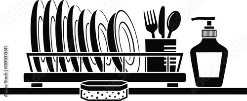 Dish drying rack frame to hold plates, cups, and utensils vertically or in compartments so they can air dry after being washed with a sponge and a bottle of soap. 