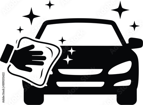 Sparkling car wash vehicle cleaning services with a hand using a cloth or sponge to wipe down the side of a car. Auto detailing and cleaning services. Car cleanliness and a shiny, polished finish. 

