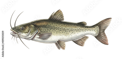 Detailed Watercolor Illustration of a Catfish Swimming with Open Mouth and Prominent Barbels