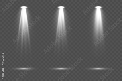 Creative collection of bright lighting spot sources including stage spotlights, floodlight beams and atmospheric rays isolated on transparent background ideal for concert visuals and abstract vector e