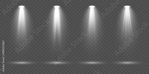 Creative collection of bright lighting spot sources including stage spotlights, floodlight beams and atmospheric rays isolated on transparent background ideal for concert visuals and abstract vector e