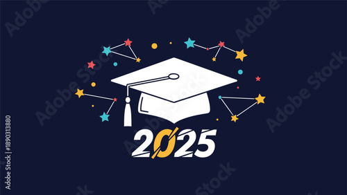 White graduation cap sits above the year 2025 and is surrounded by colorful stars and constellation lines on a dark blue background.
