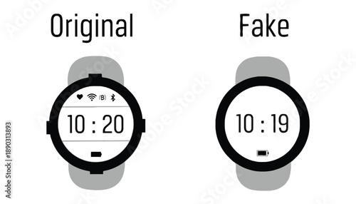 A comparison of an original smartwatch and a fake replica side by side