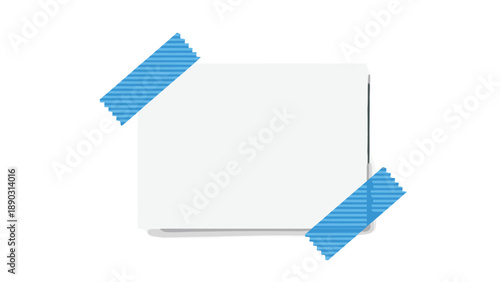 Simple blank white rectangular card is held in place by two pieces of blue striped washi tape on opposite corners of the frame.