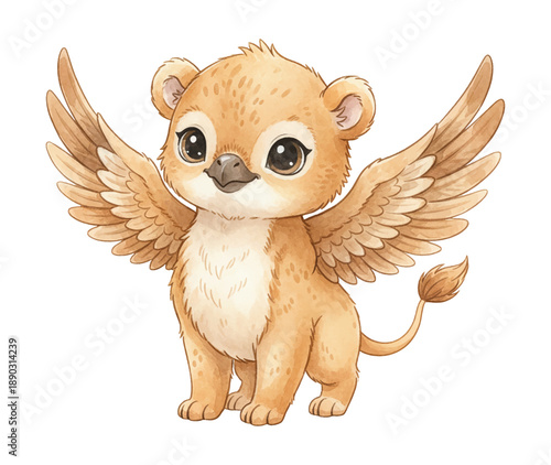 Cute baby griffin with big eyes and spread wings standing cheerful and playful expression watercolor art